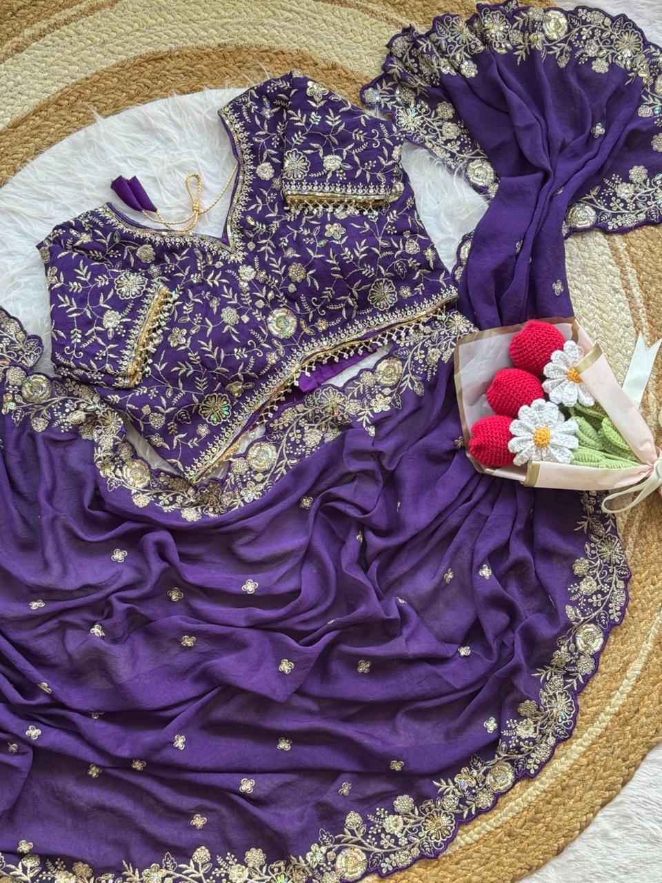 Blooming Wedding Wear Crush Silk Embroidery Sequence n Jari Work Designer Saree With Stitched Blouse