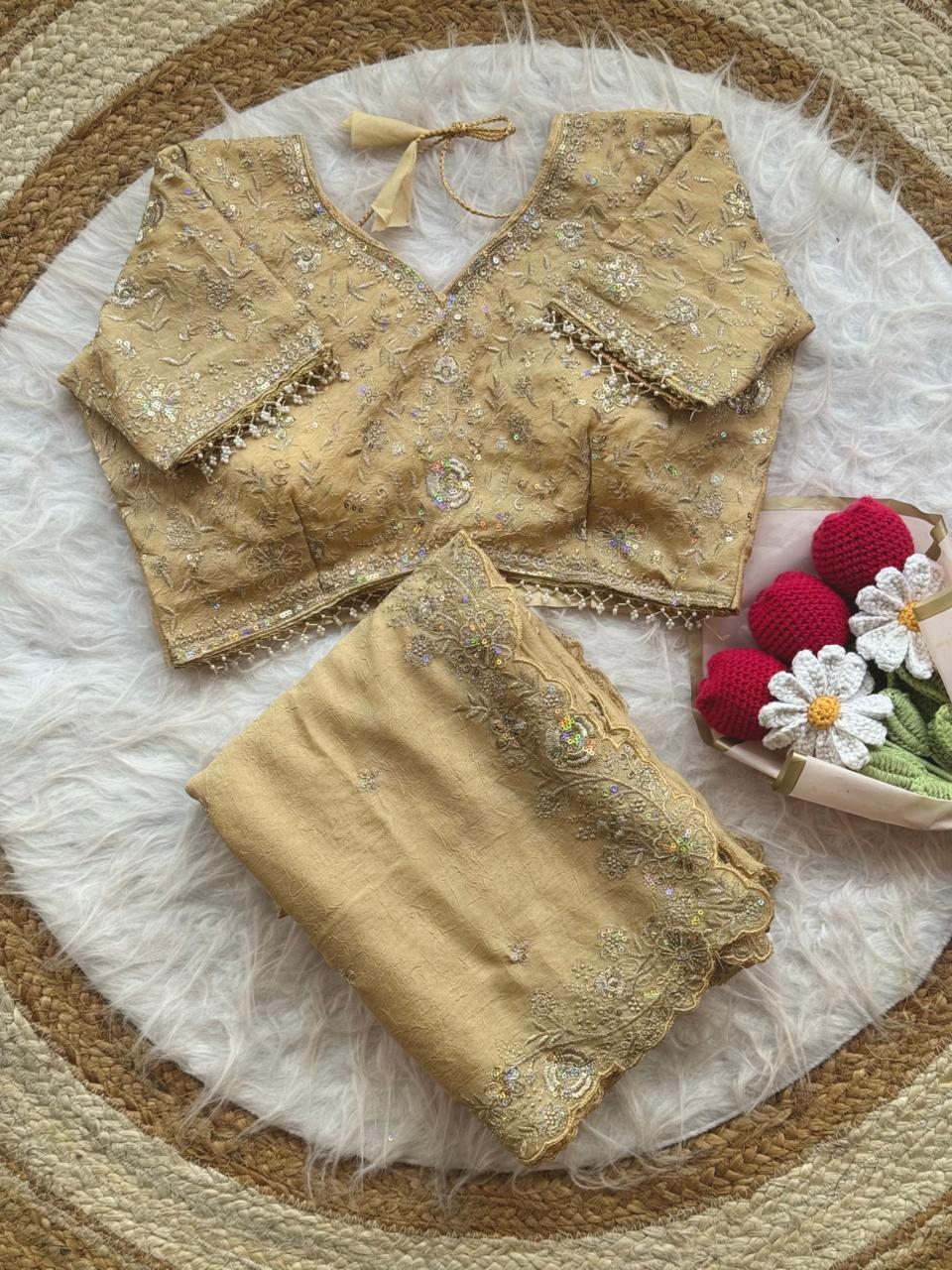 Blooming Wedding Wear Crush Silk Embroidery Sequence n Jari Work Designer Saree With Stitched Blouse