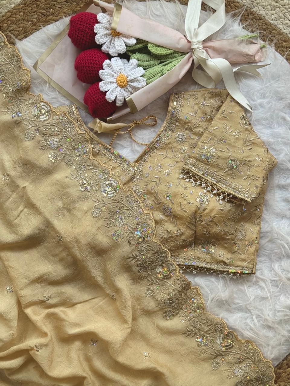 Blooming Wedding Wear Crush Silk Embroidery Sequence n Jari Work Designer Saree With Stitched Blouse