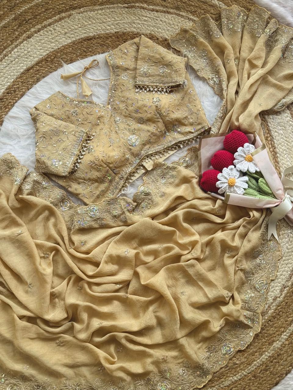 Blooming Wedding Wear Crush Silk Embroidery Sequence n Jari Work Designer Saree With Stitched Blouse