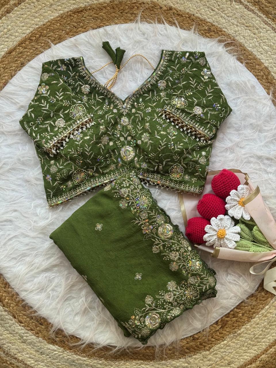 Blooming Wedding Wear Crush Silk Embroidery Sequence n Jari Work Designer Saree With Stitched Blouse