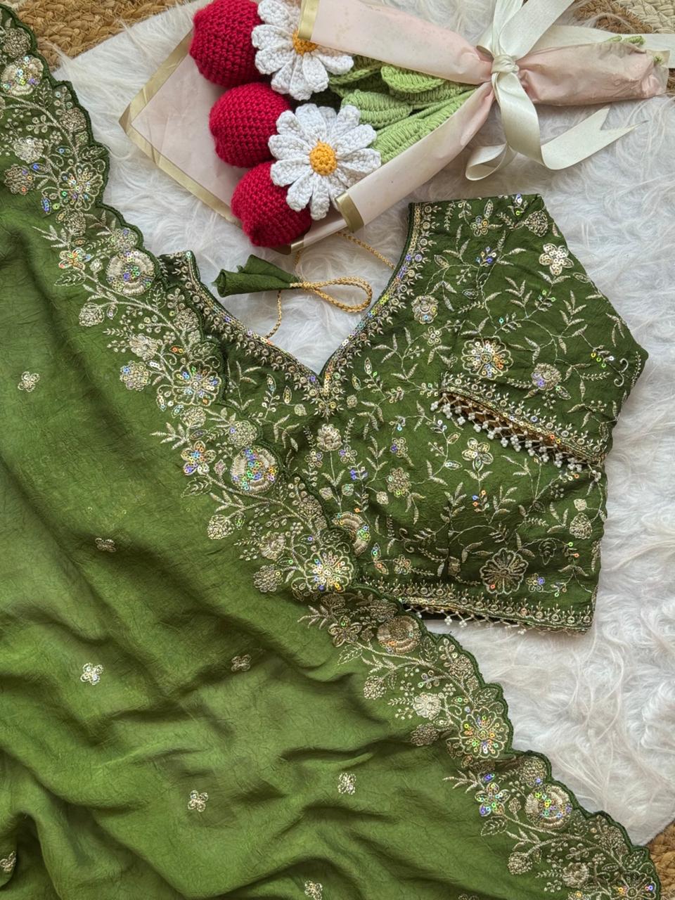 Blooming Wedding Wear Crush Silk Embroidery Sequence n Jari Work Designer Saree With Stitched Blouse