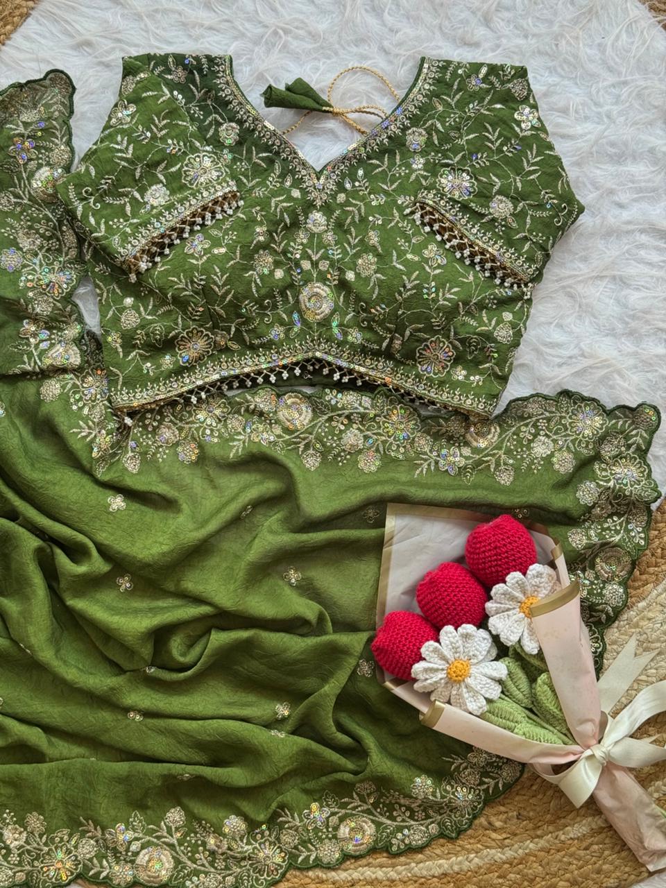 Blooming Wedding Wear Crush Silk Embroidery Sequence n Jari Work Designer Saree With Stitched Blouse