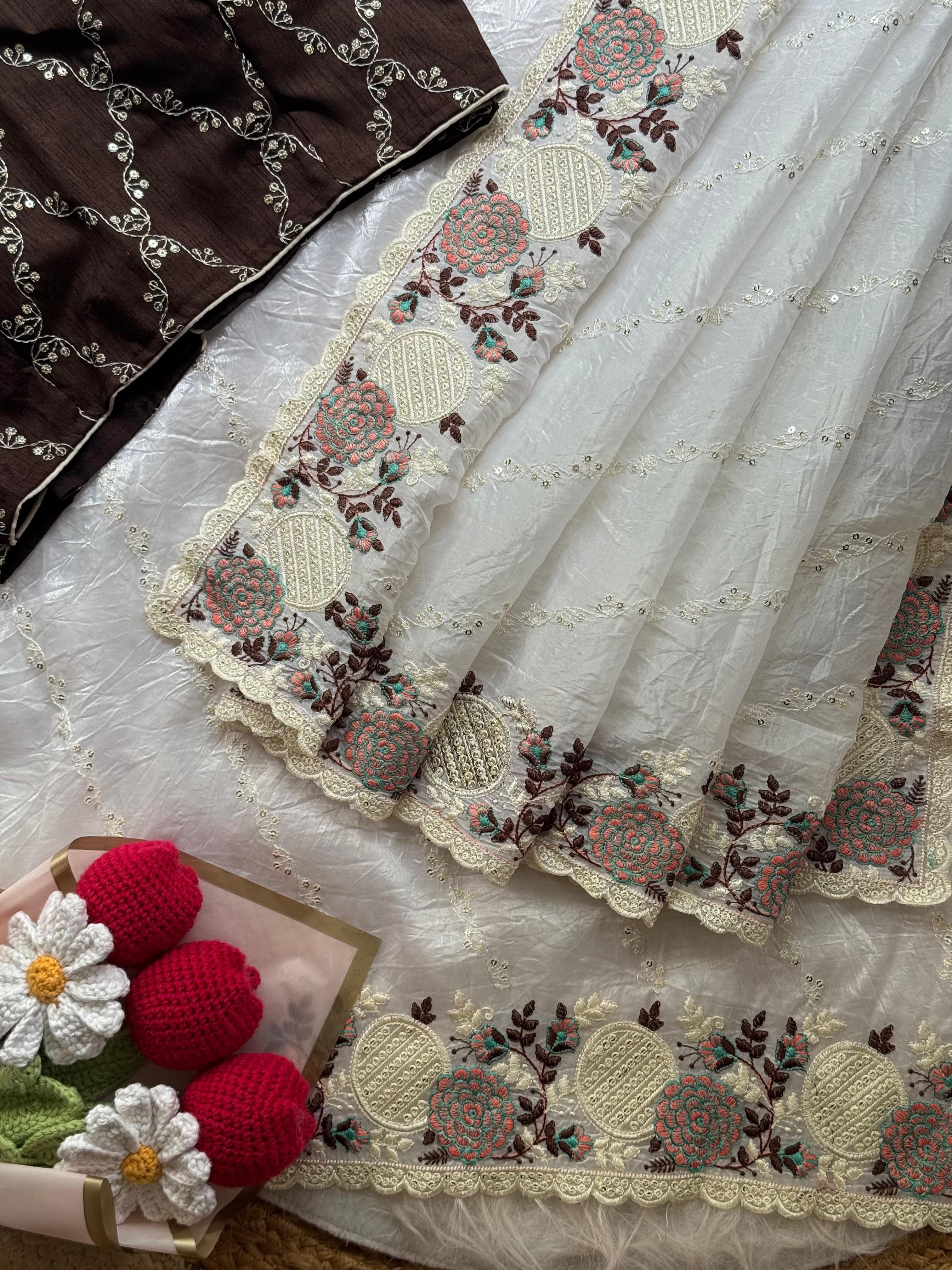 Gratifying Festive Wear Crush Silk Embroidery n Sequence Work Saree With Contrast Stitched Blouse