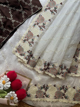 Load image into Gallery viewer, Gratifying Festive Wear Crush Silk Embroidery n Sequence Work Saree With Contrast Stitched Blouse
