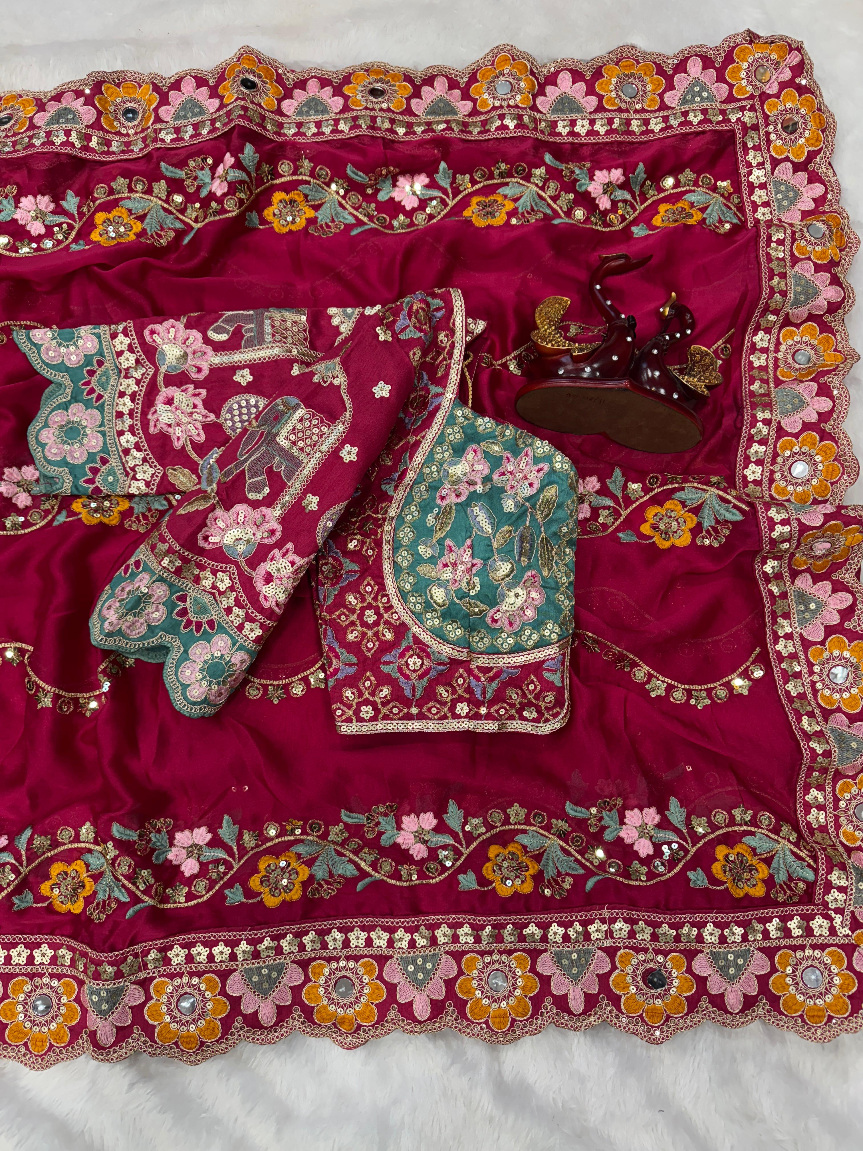 Stunning Wedding Wear Soft Rangoli Silk Embroidery Sequence n Mirror Work Designer Saree With Stitched Blouse