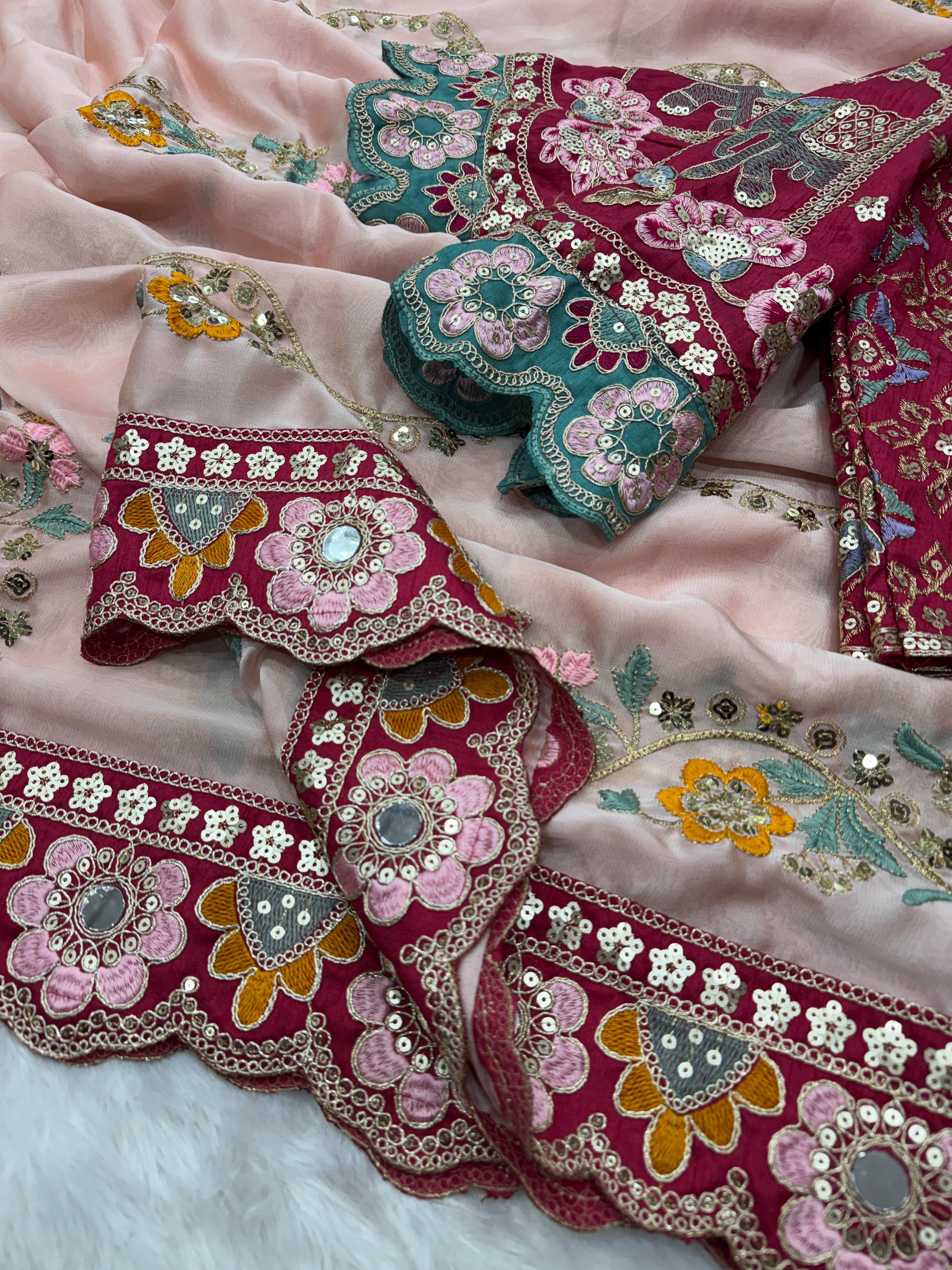 Stunning Wedding Wear Soft Rangoli Silk Embroidery Sequence n Mirror Work Designer Saree With Stitched Blouse