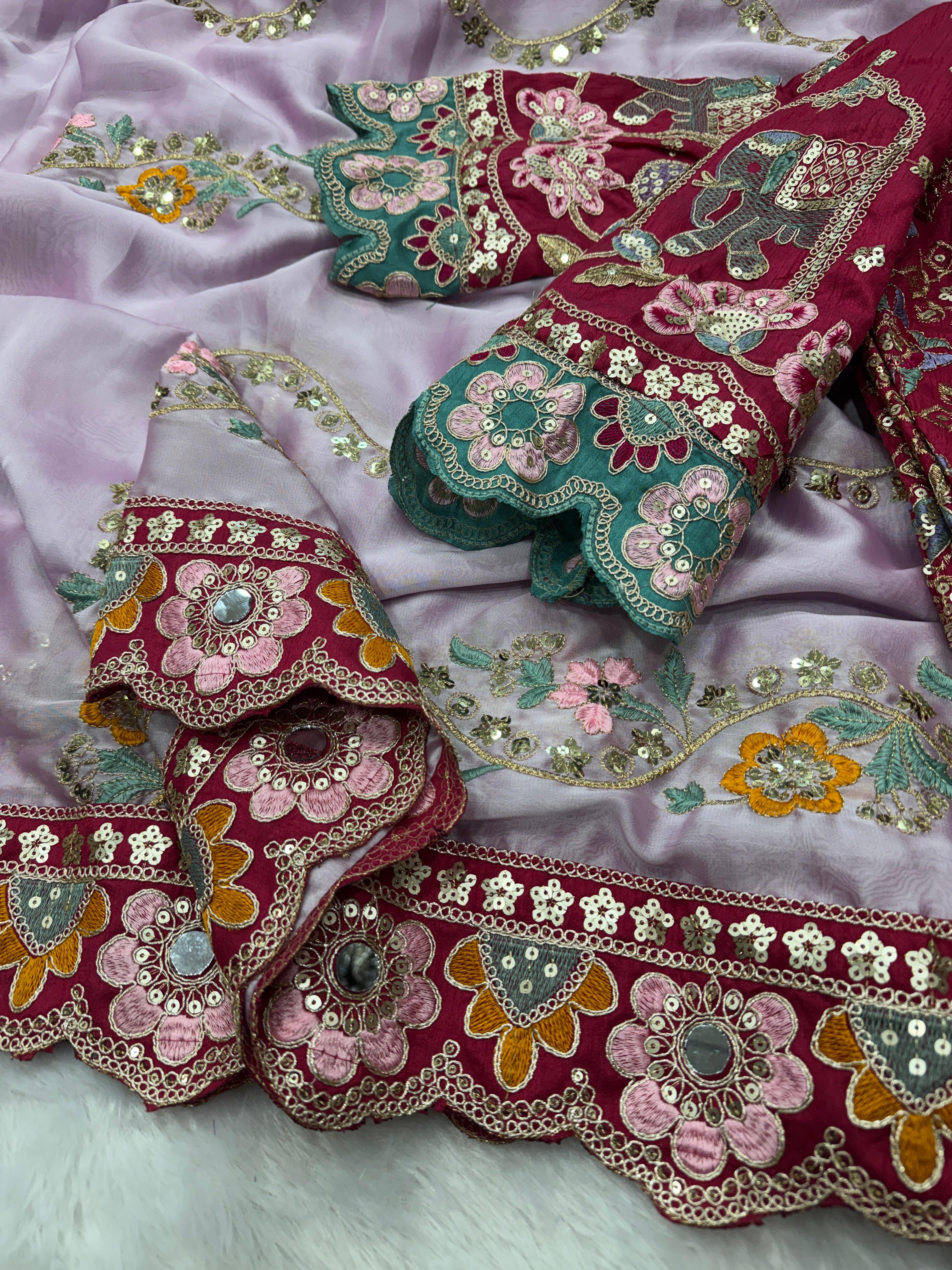 Stunning Wedding Wear Soft Rangoli Silk Embroidery Sequence n Mirror Work Designer Saree With Stitched Blouse