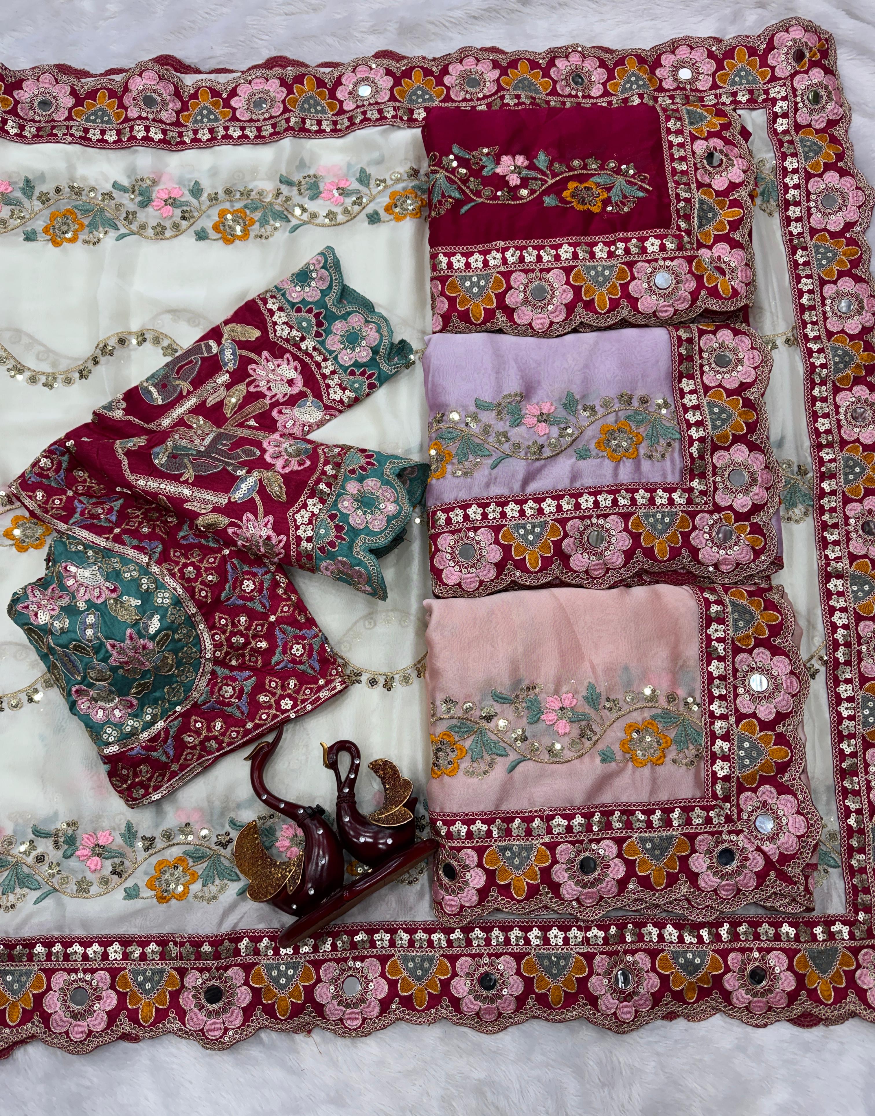 Stunning Wedding Wear Soft Rangoli Silk Embroidery Sequence n Mirror Work Designer Saree With Stitched Blouse