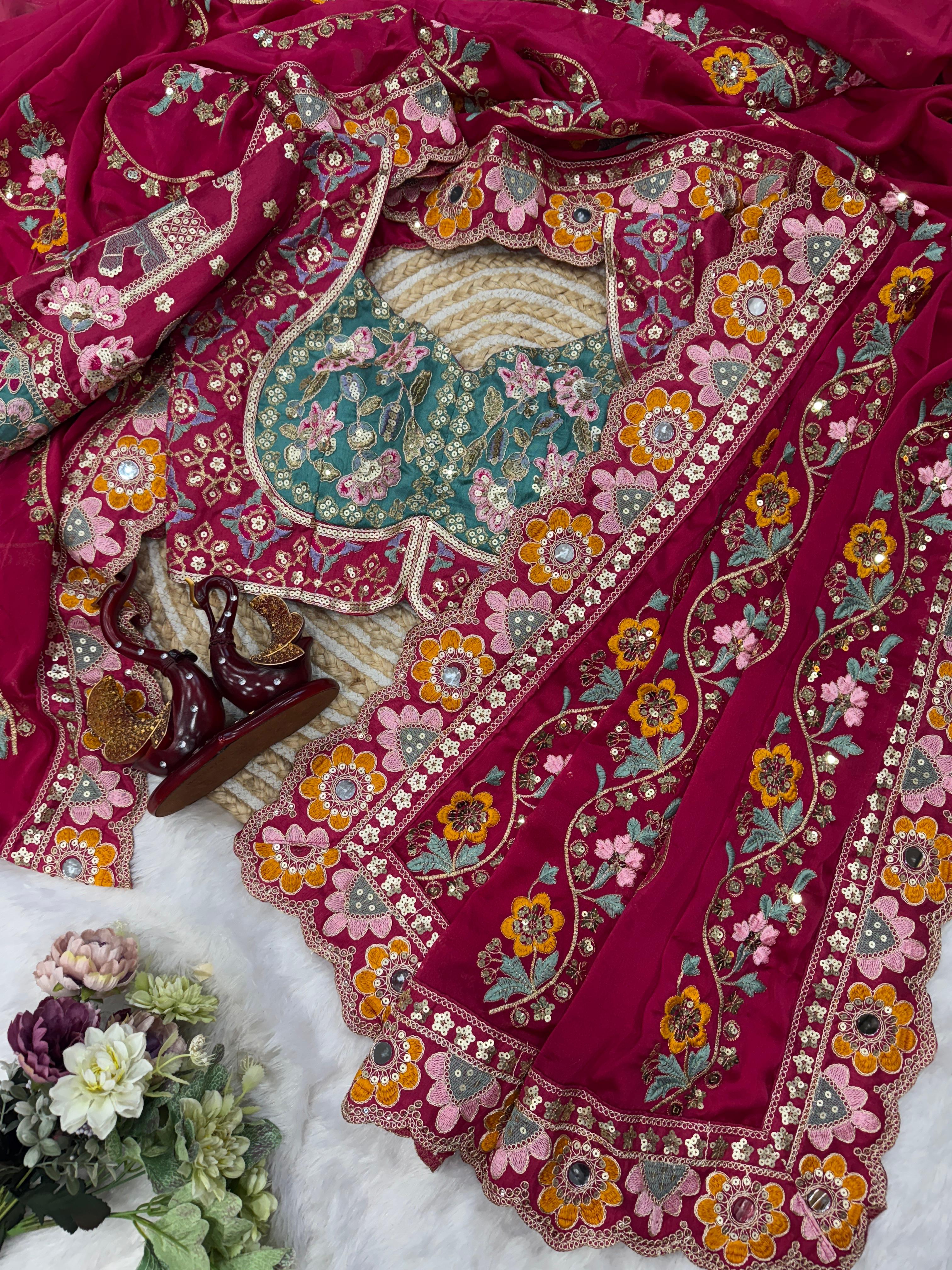 Stunning Wedding Wear Soft Rangoli Silk Embroidery Sequence n Mirror Work Designer Saree With Stitched Blouse