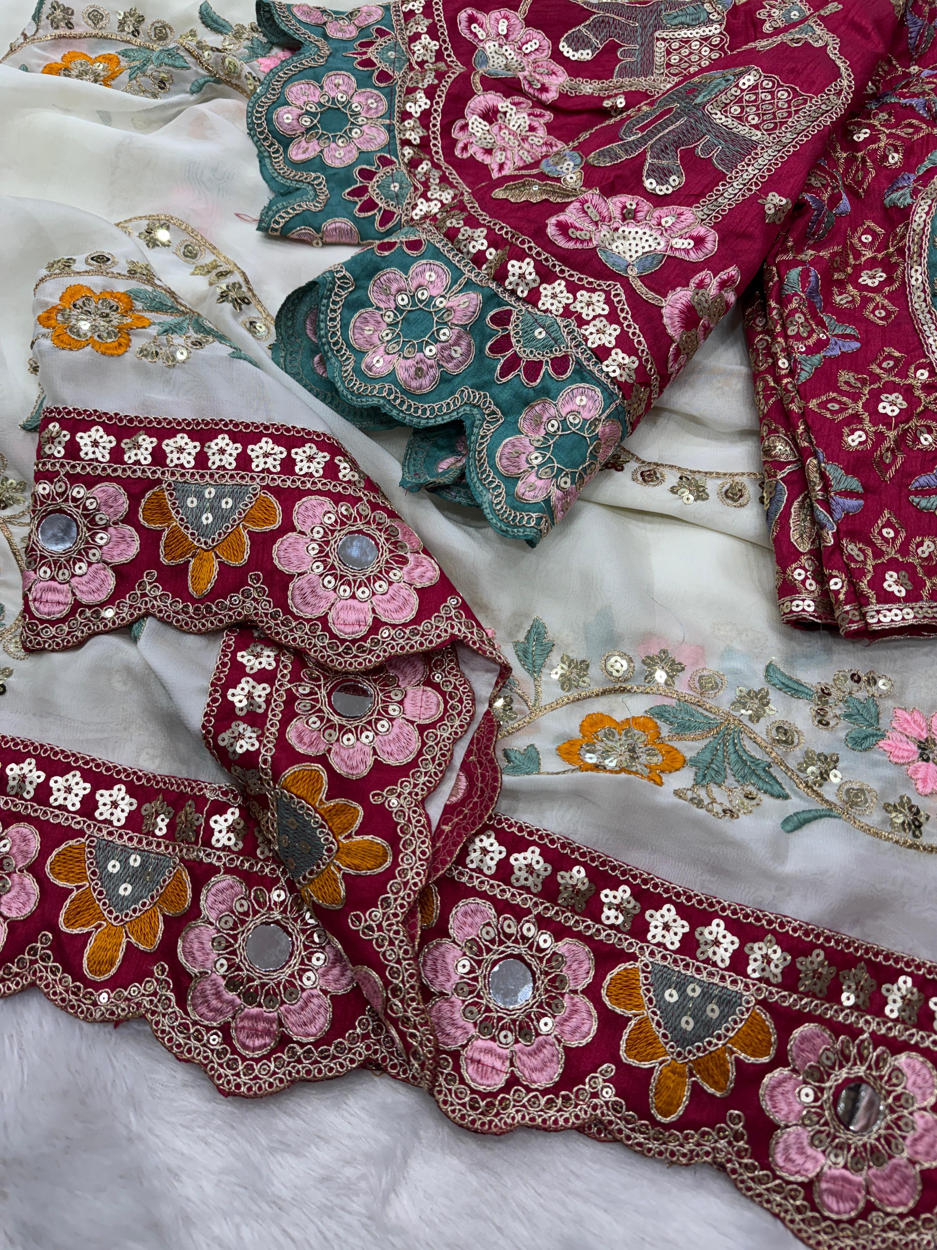 Stunning Wedding Wear Soft Rangoli Silk Embroidery Sequence n Mirror Work Designer Saree With Stitched Blouse