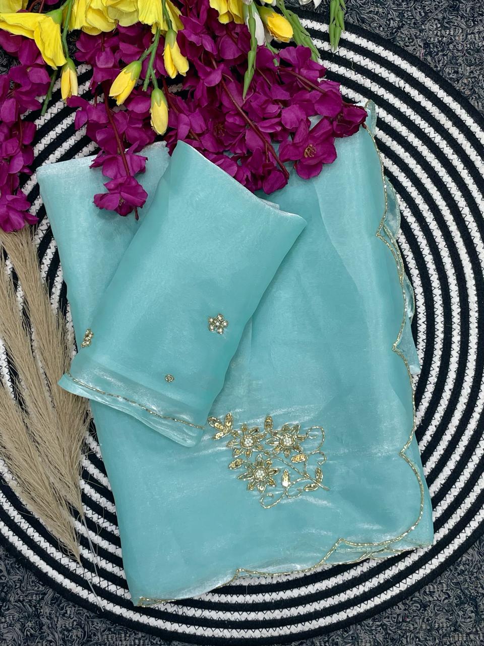 Whimsical Party Wear Satin Silk Handwork Designer Saree With Matching Blouse Piece