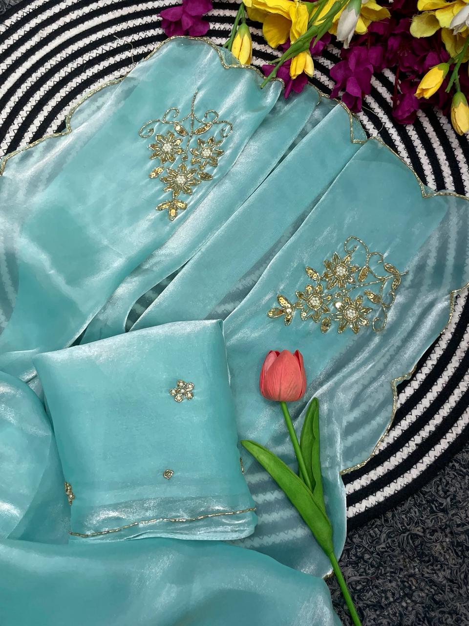 Whimsical Party Wear Satin Silk Handwork Designer Saree With Matching Blouse Piece