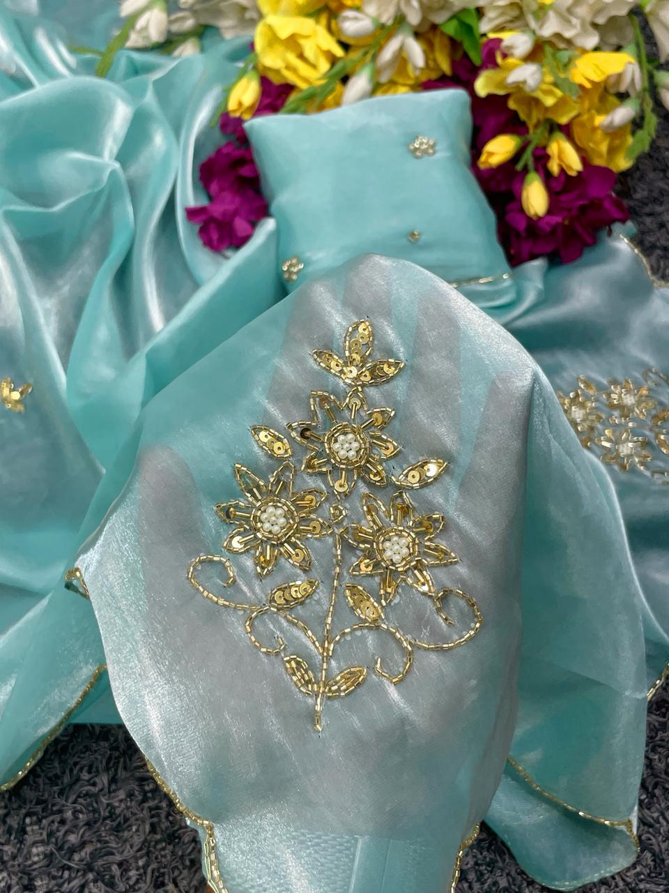 Whimsical Party Wear Satin Silk Handwork Designer Saree With Matching Blouse Piece
