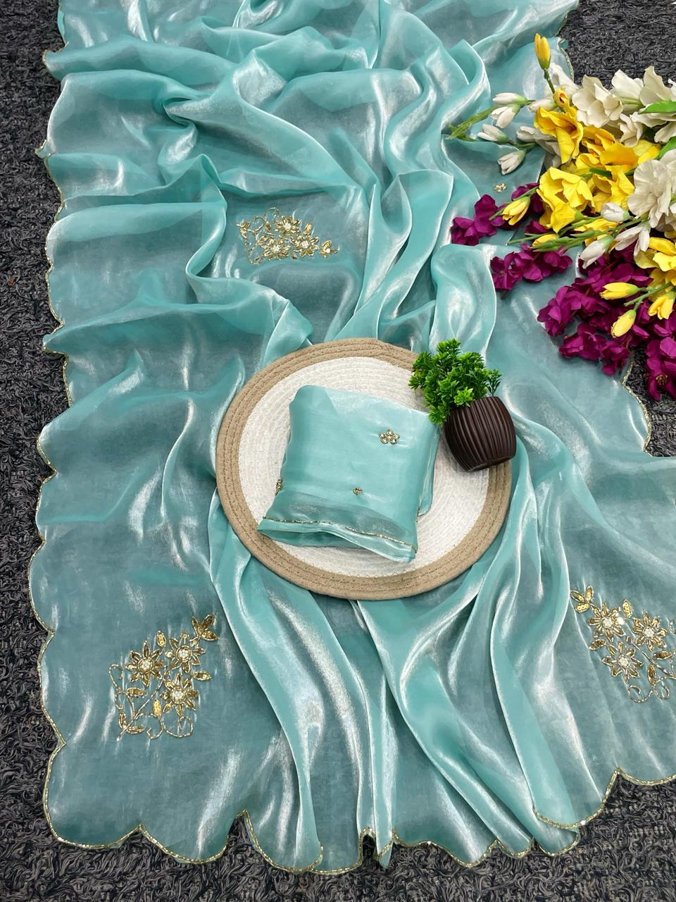 Whimsical Party Wear Satin Silk Handwork Designer Saree With Matching Blouse Piece