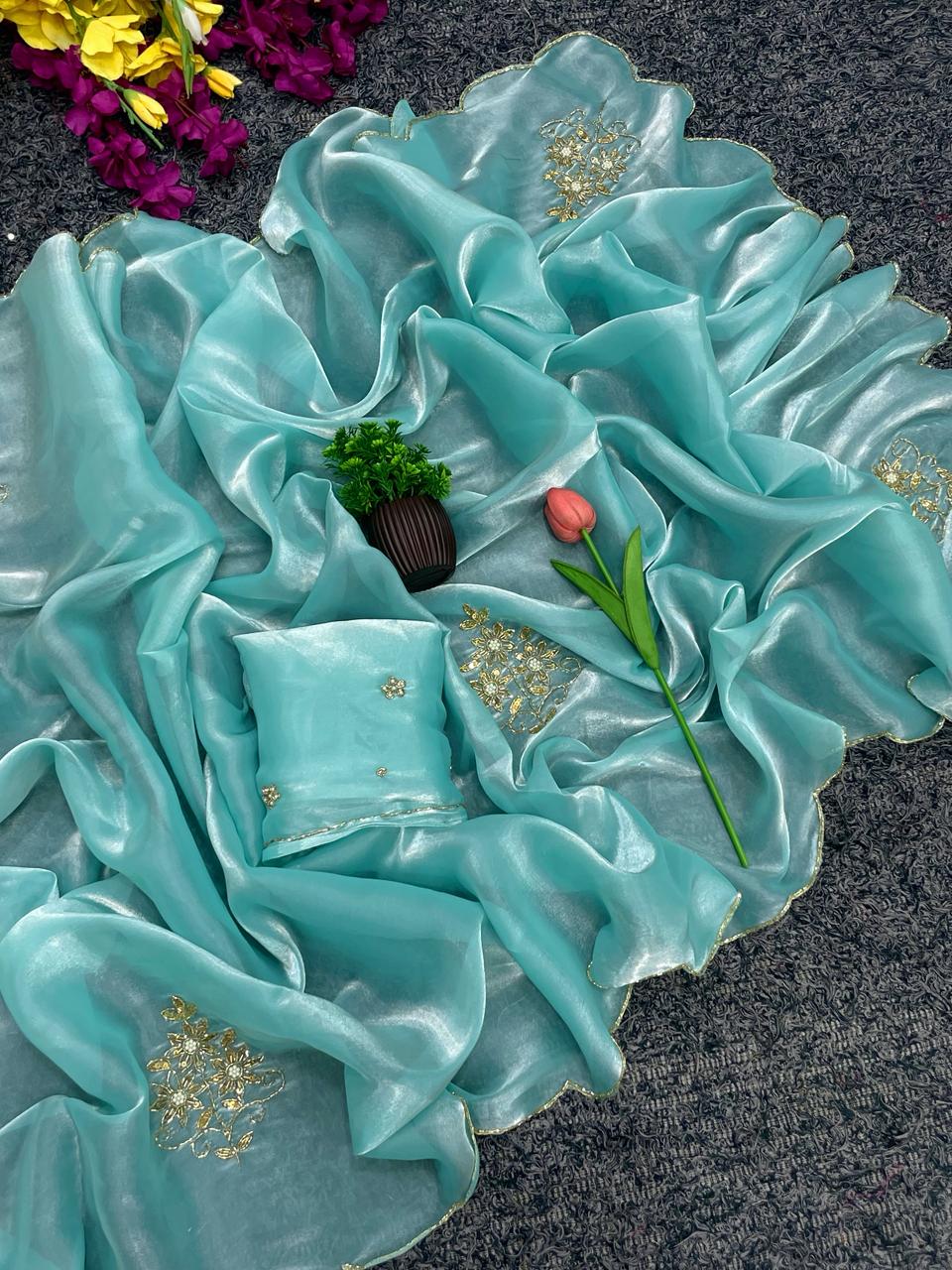 Whimsical Party Wear Satin Silk Handwork Designer Saree With Matching Blouse Piece
