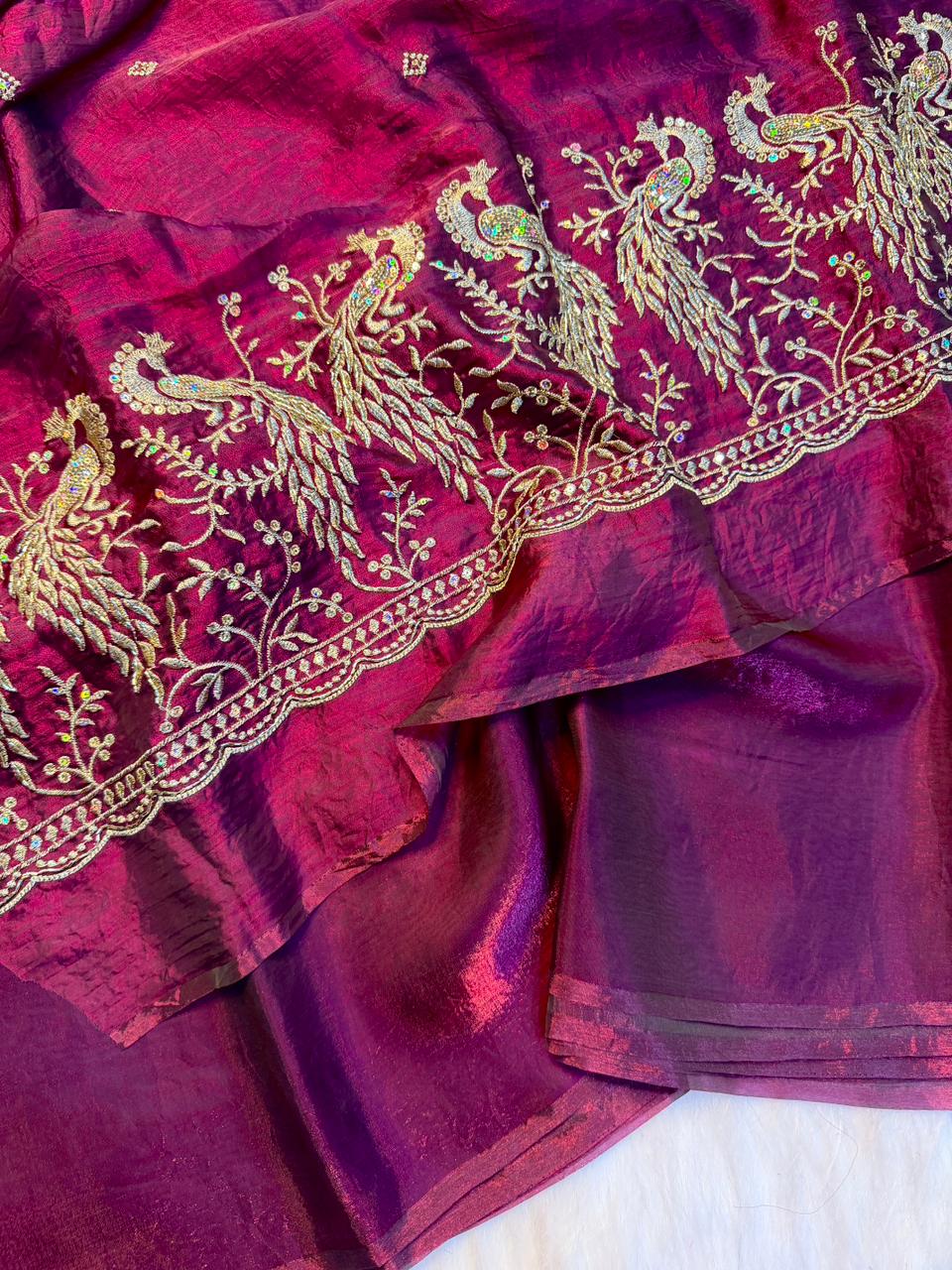 Regal Party Wear Silk Beads Hand Work Saree With Matching Blouse Piece