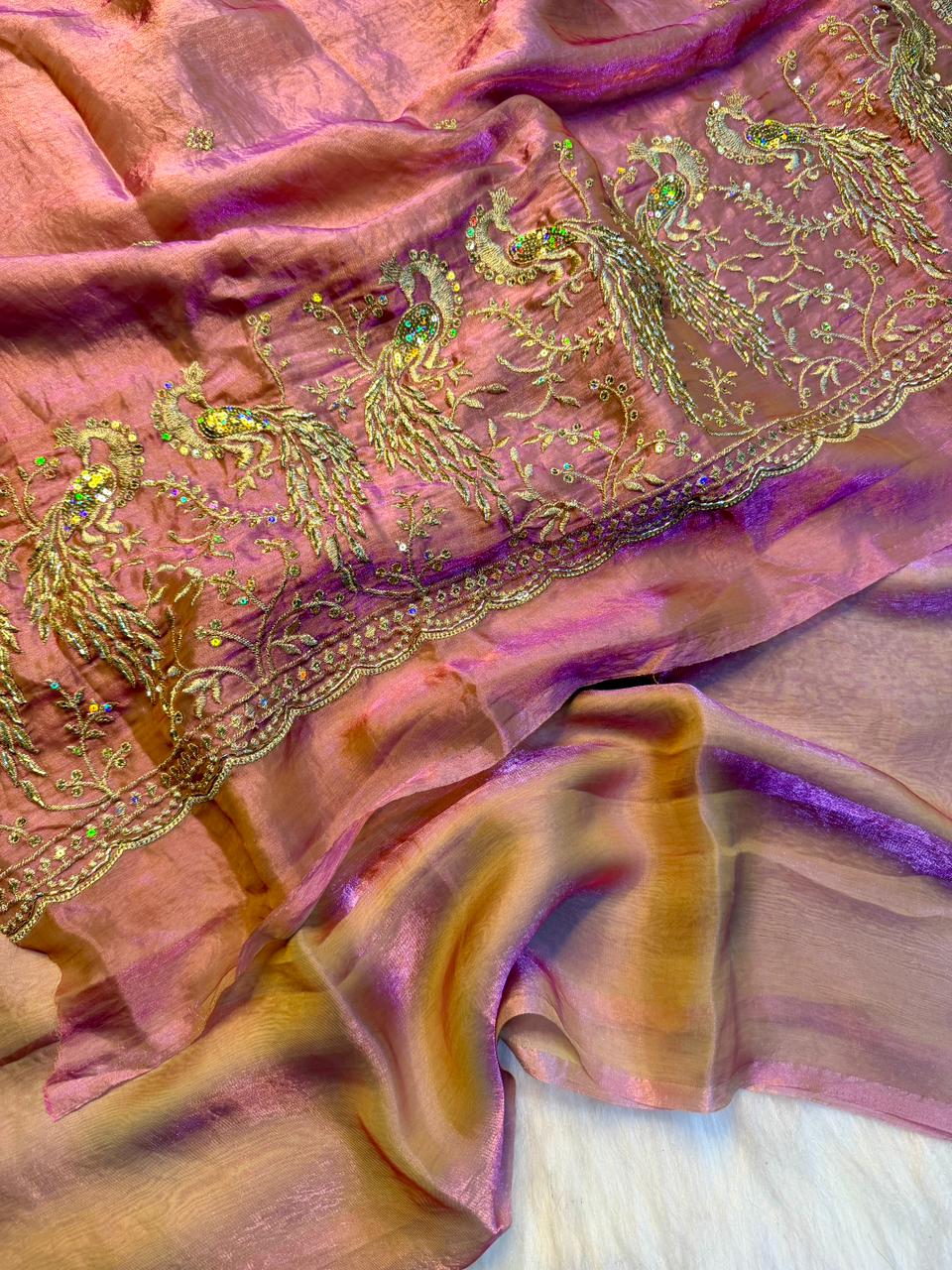 Regal Party Wear Silk Beads Hand Work Saree With Matching Blouse Piece