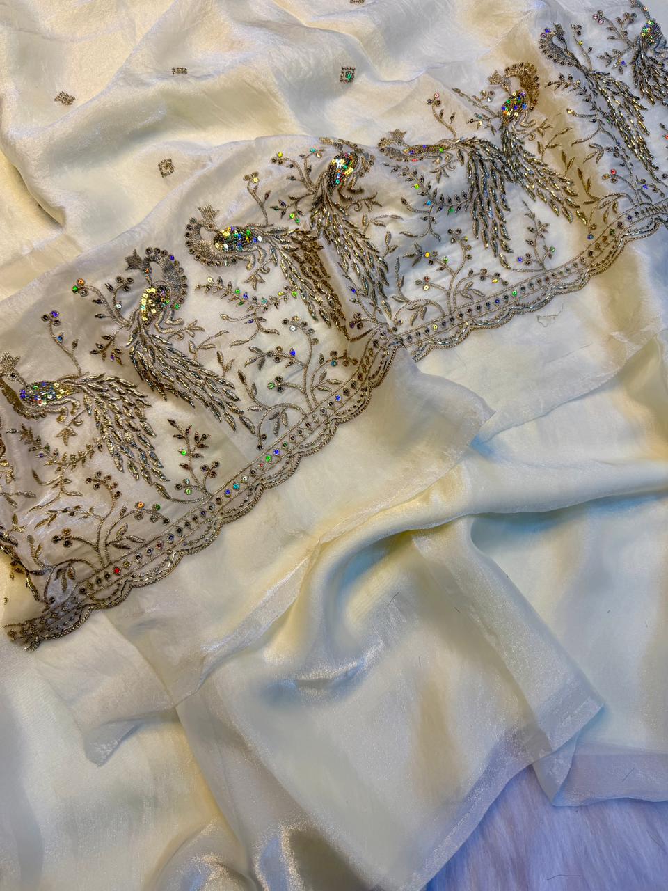 Regal Party Wear Silk Beads Hand Work Saree With Matching Blouse Piece