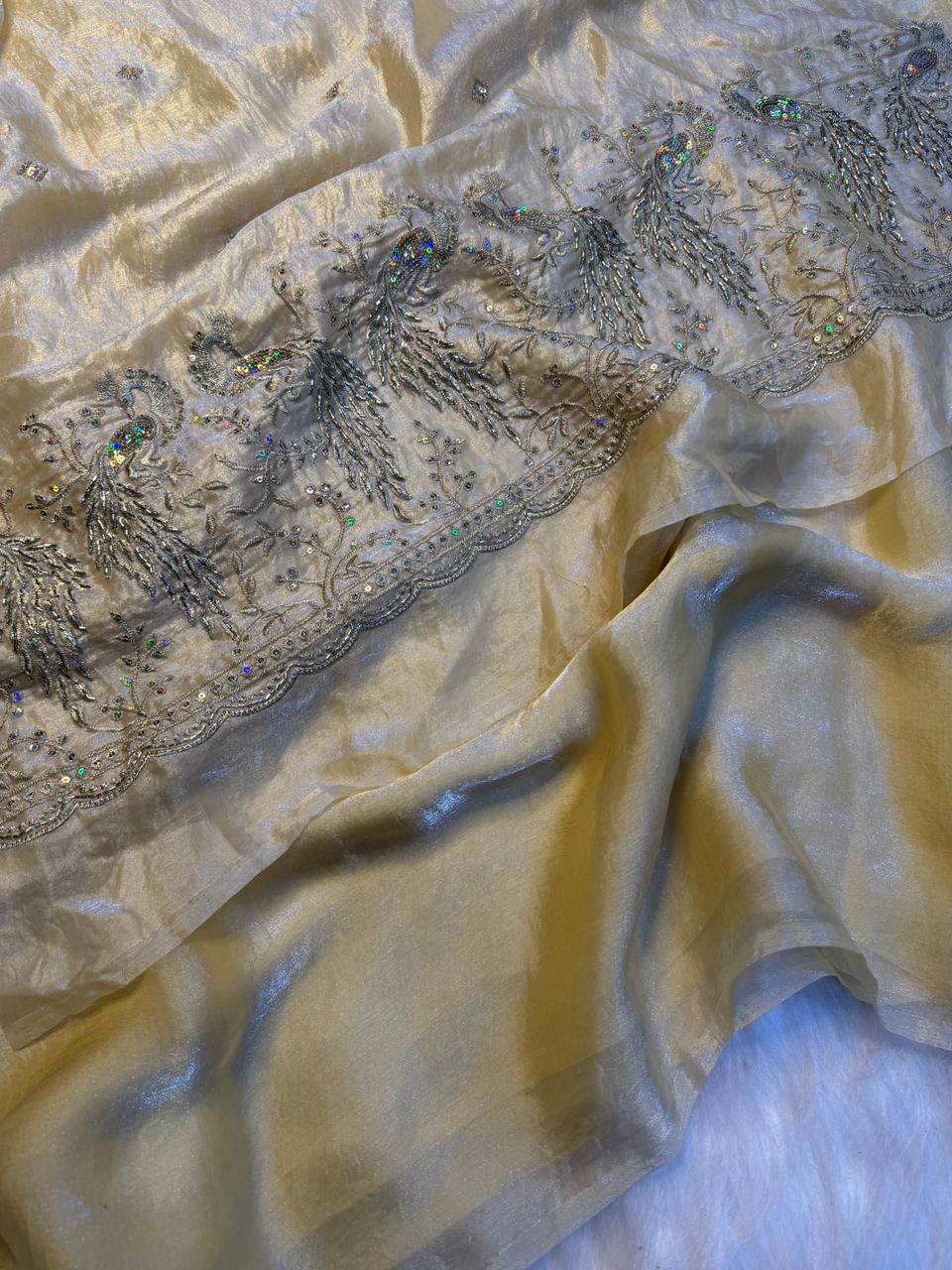 Regal Party Wear Silk Beads Hand Work Saree With Matching Blouse Piece