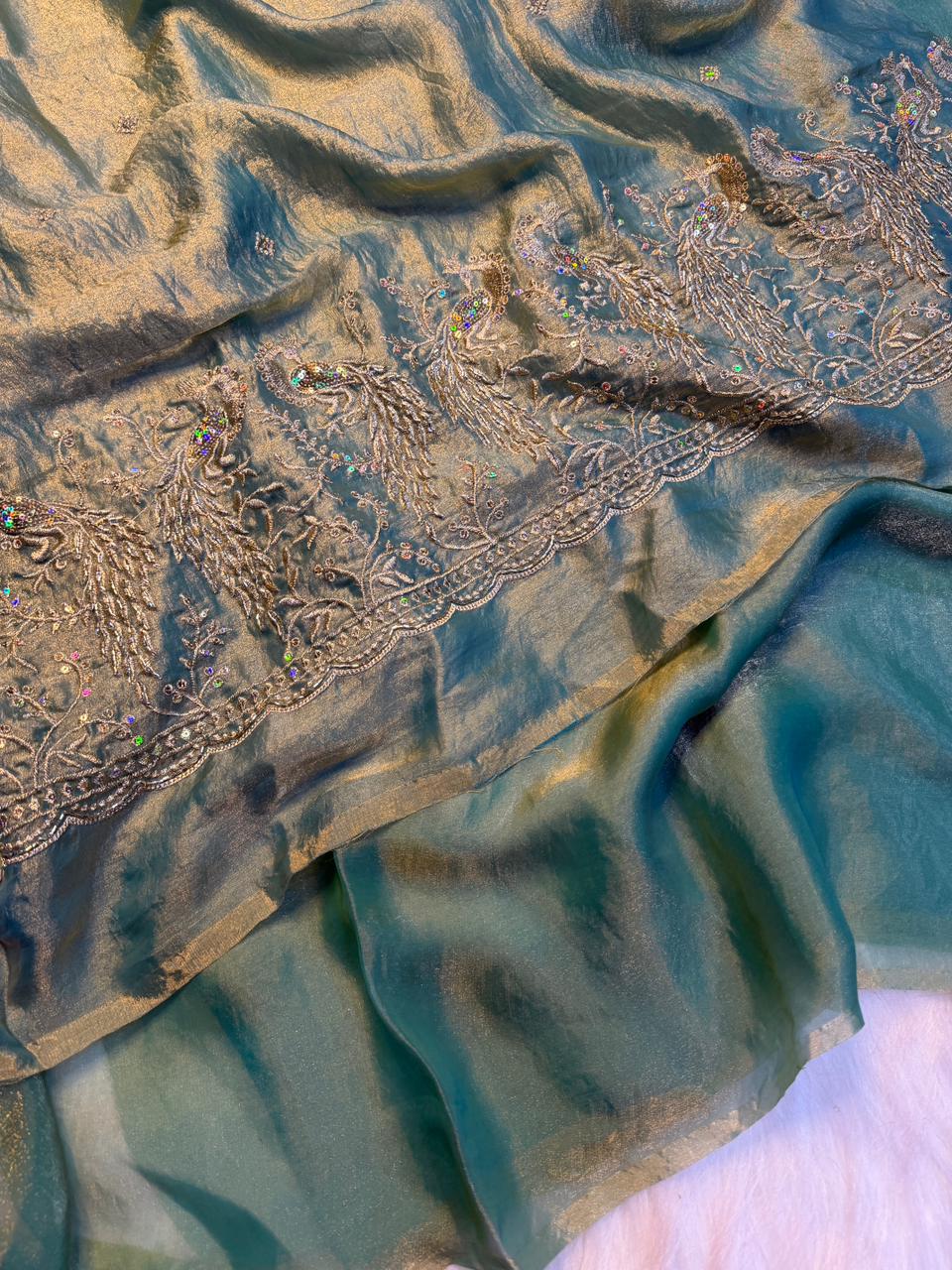 Regal Party Wear Silk Beads Hand Work Saree With Matching Blouse Piece