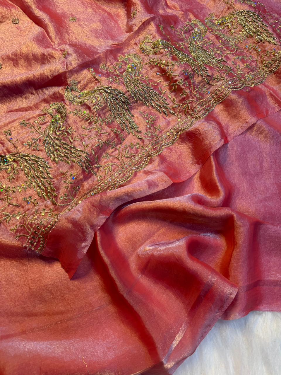 Regal Party Wear Silk Beads Hand Work Saree With Matching Blouse Piece