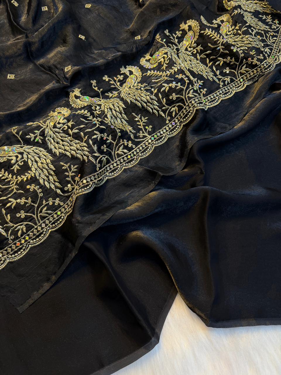 Regal Party Wear Silk Beads Hand Work Saree With Matching Blouse Piece