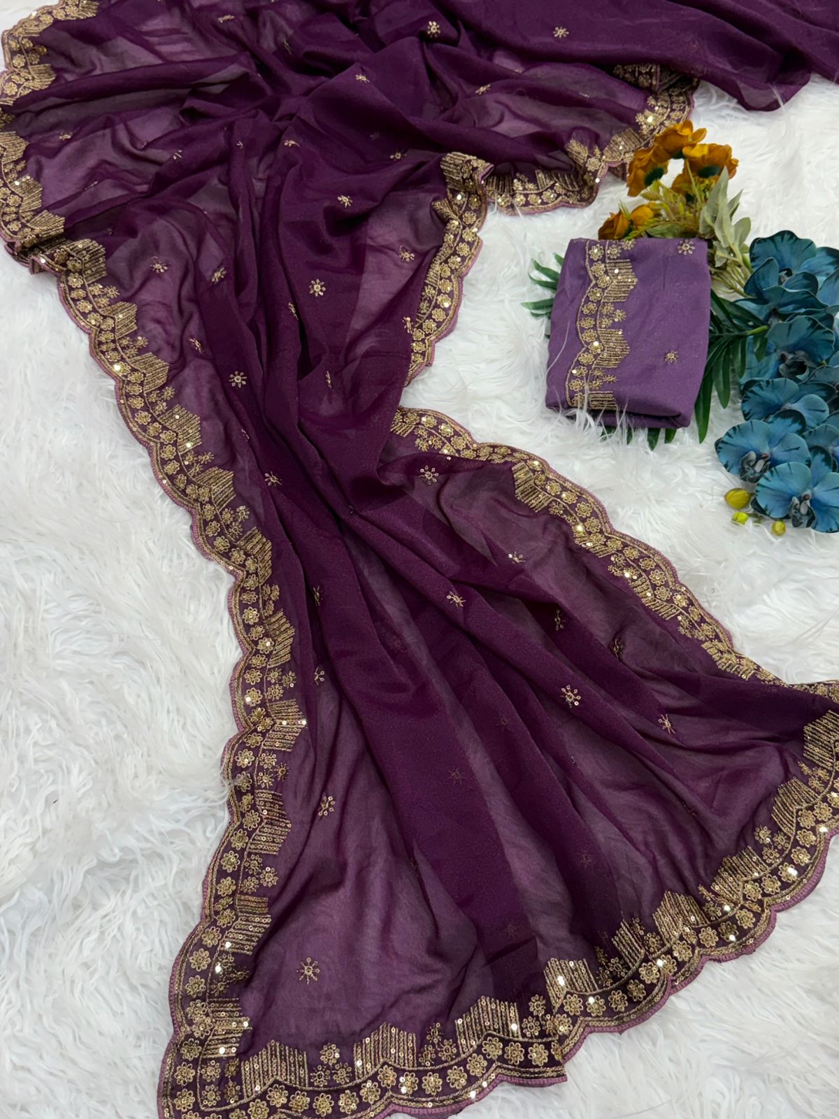Forbearance Party Wear Georgette Embroidery n Sequence Work Butta Design Saree With Contrast Blouse Piece