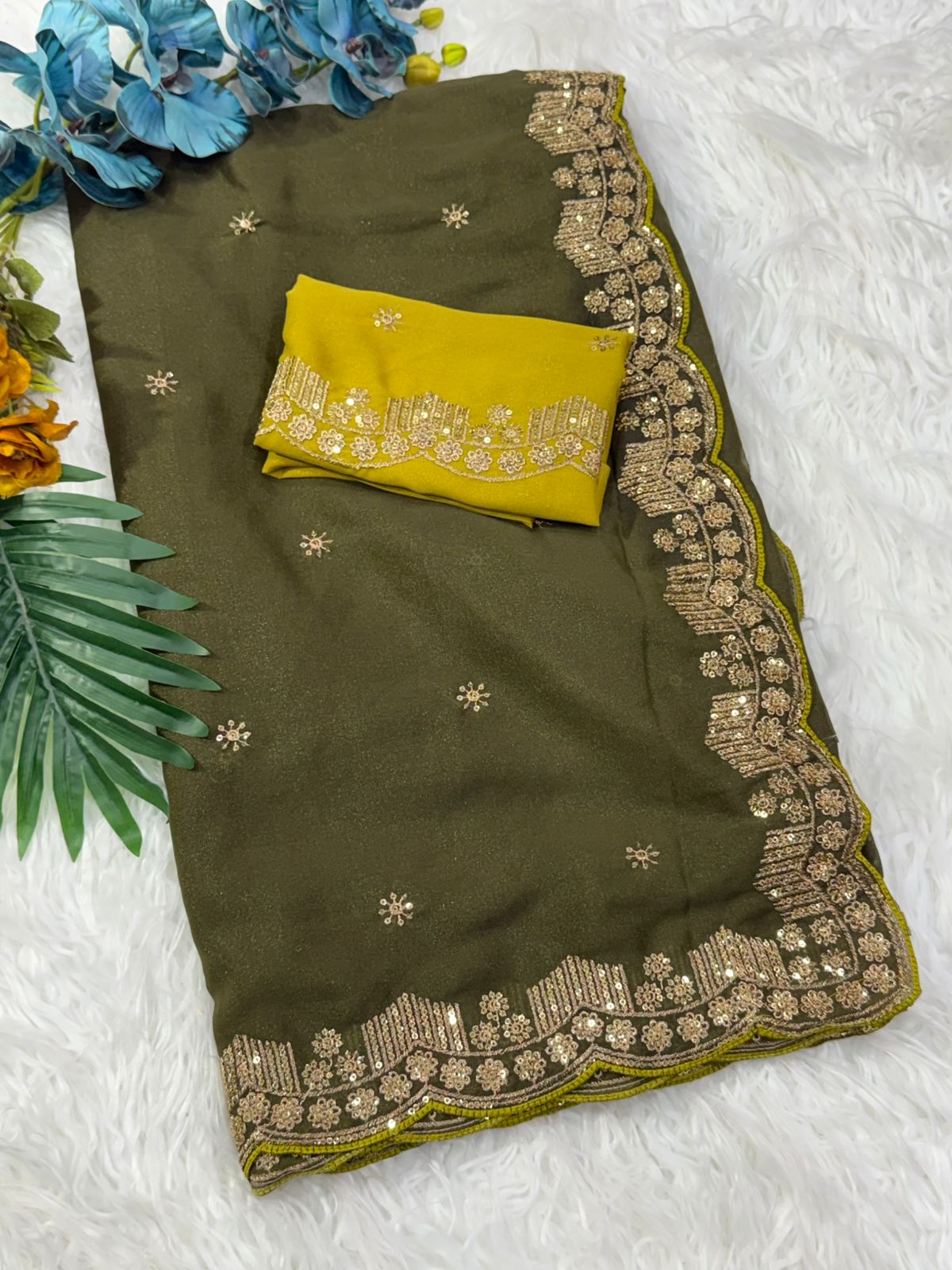 Forbearance Party Wear Georgette Embroidery n Sequence Work Butta Design Saree With Contrast Blouse Piece