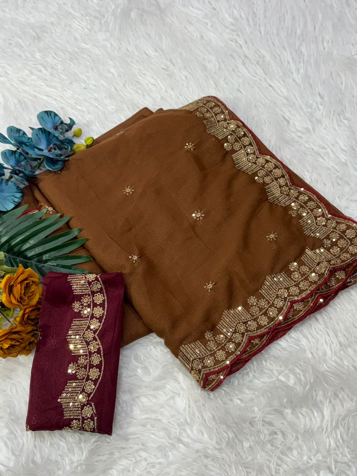 Forbearance Party Wear Georgette Embroidery n Sequence Work Butta Design Saree With Contrast Blouse Piece