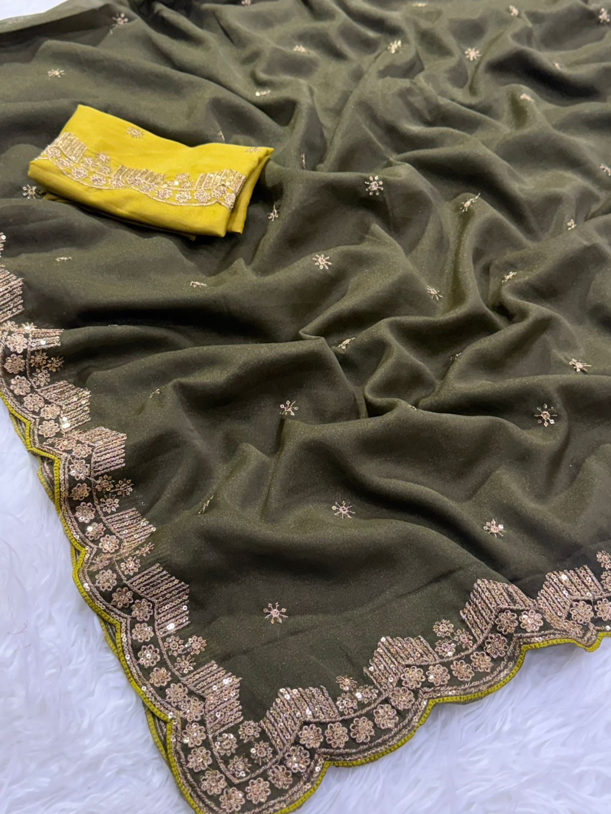 Forbearance Party Wear Georgette Embroidery n Sequence Work Butta Design Saree With Contrast Blouse Piece