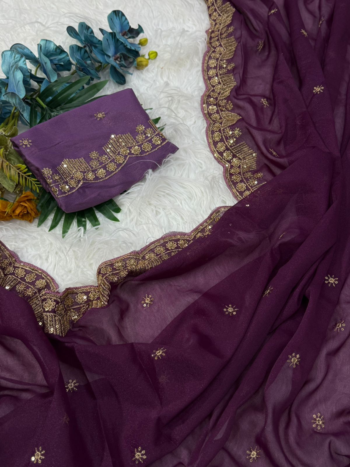 Forbearance Party Wear Georgette Embroidery n Sequence Work Butta Design Saree With Contrast Blouse Piece
