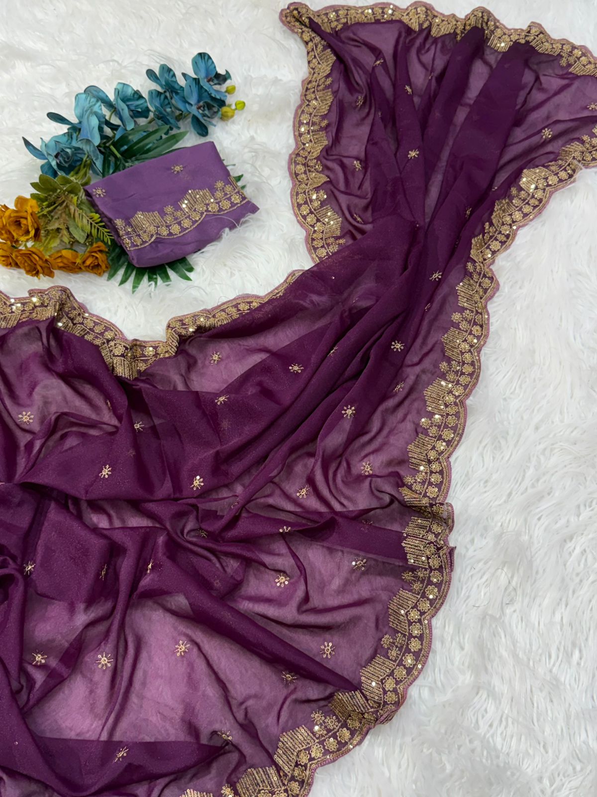 Forbearance Party Wear Georgette Embroidery n Sequence Work Butta Design Saree With Contrast Blouse Piece