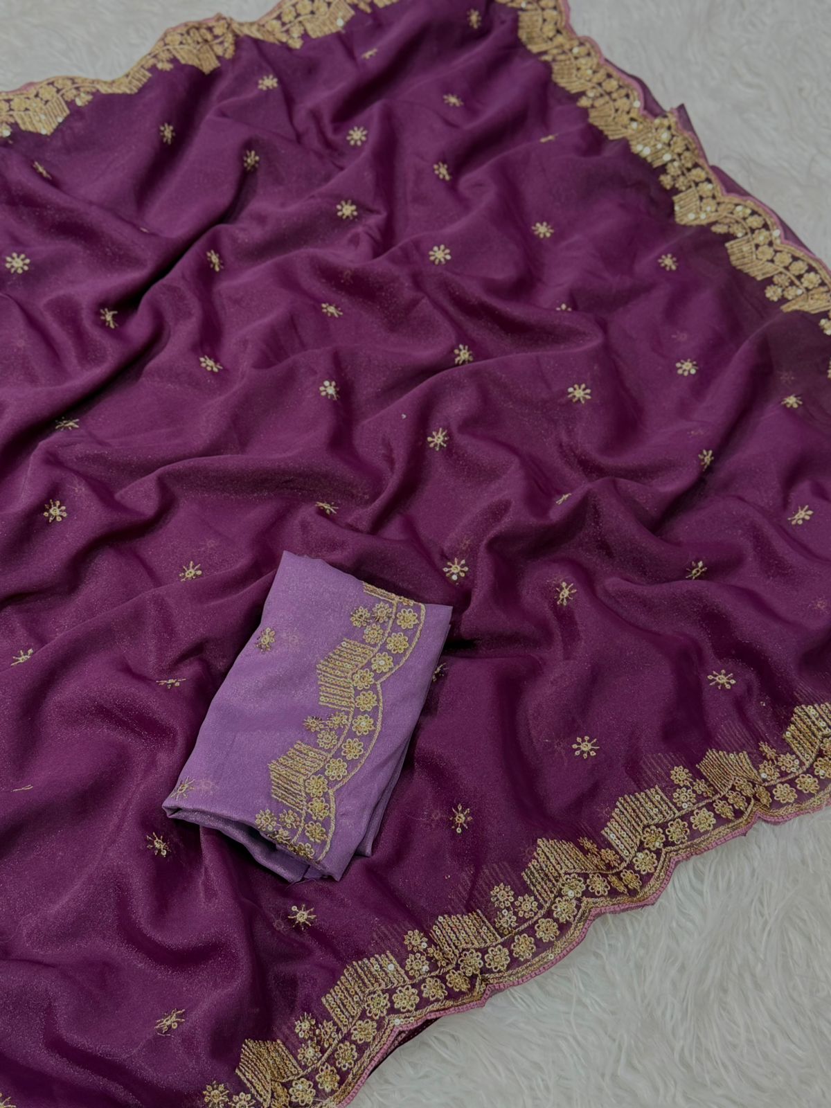 Forbearance Party Wear Georgette Embroidery n Sequence Work Butta Design Saree With Contrast Blouse Piece