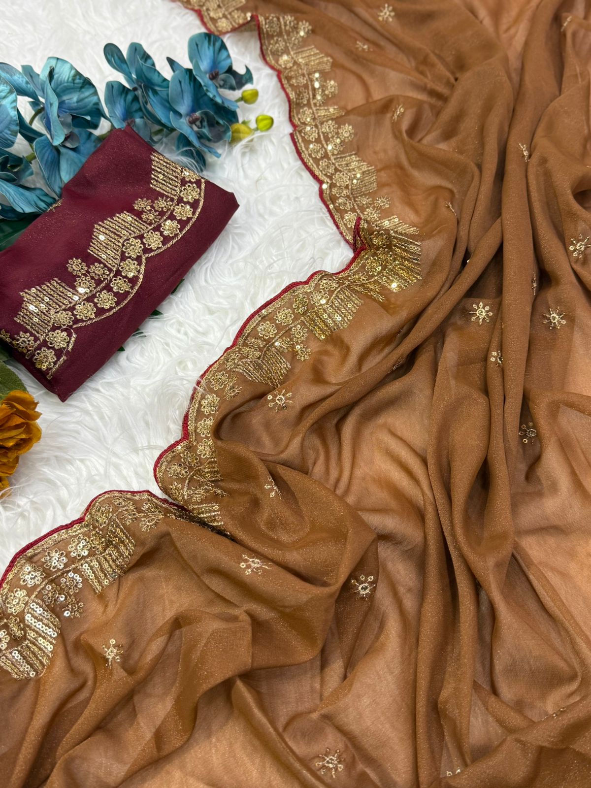 Forbearance Party Wear Georgette Embroidery n Sequence Work Butta Design Saree With Contrast Blouse Piece