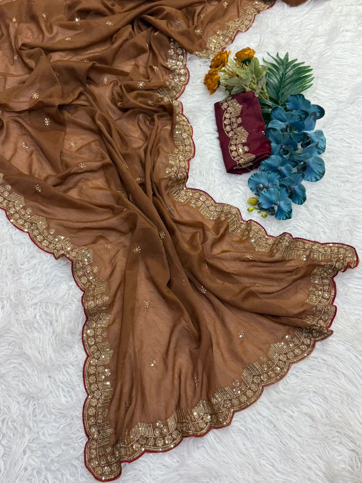 Forbearance Party Wear Georgette Embroidery n Sequence Work Butta Design Saree With Contrast Blouse Piece