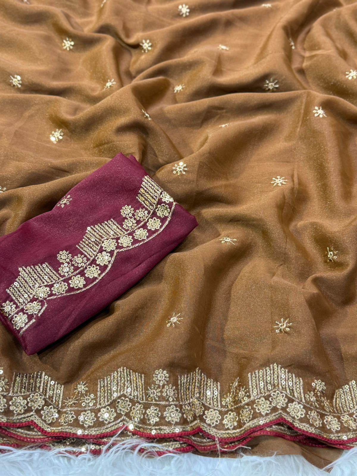 Forbearance Party Wear Georgette Embroidery n Sequence Work Butta Design Saree With Contrast Blouse Piece