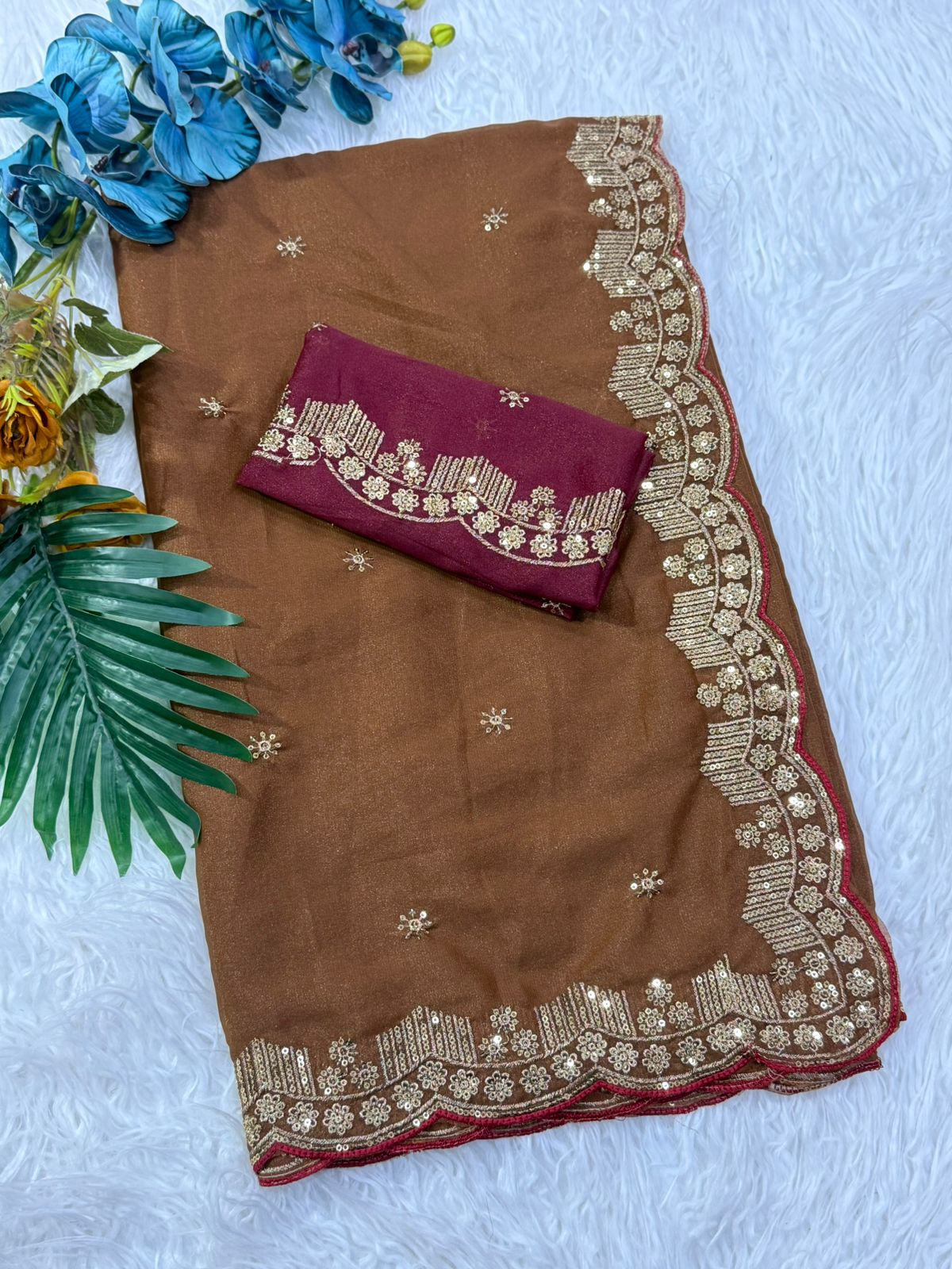 Forbearance Party Wear Georgette Embroidery n Sequence Work Butta Design Saree With Contrast Blouse Piece