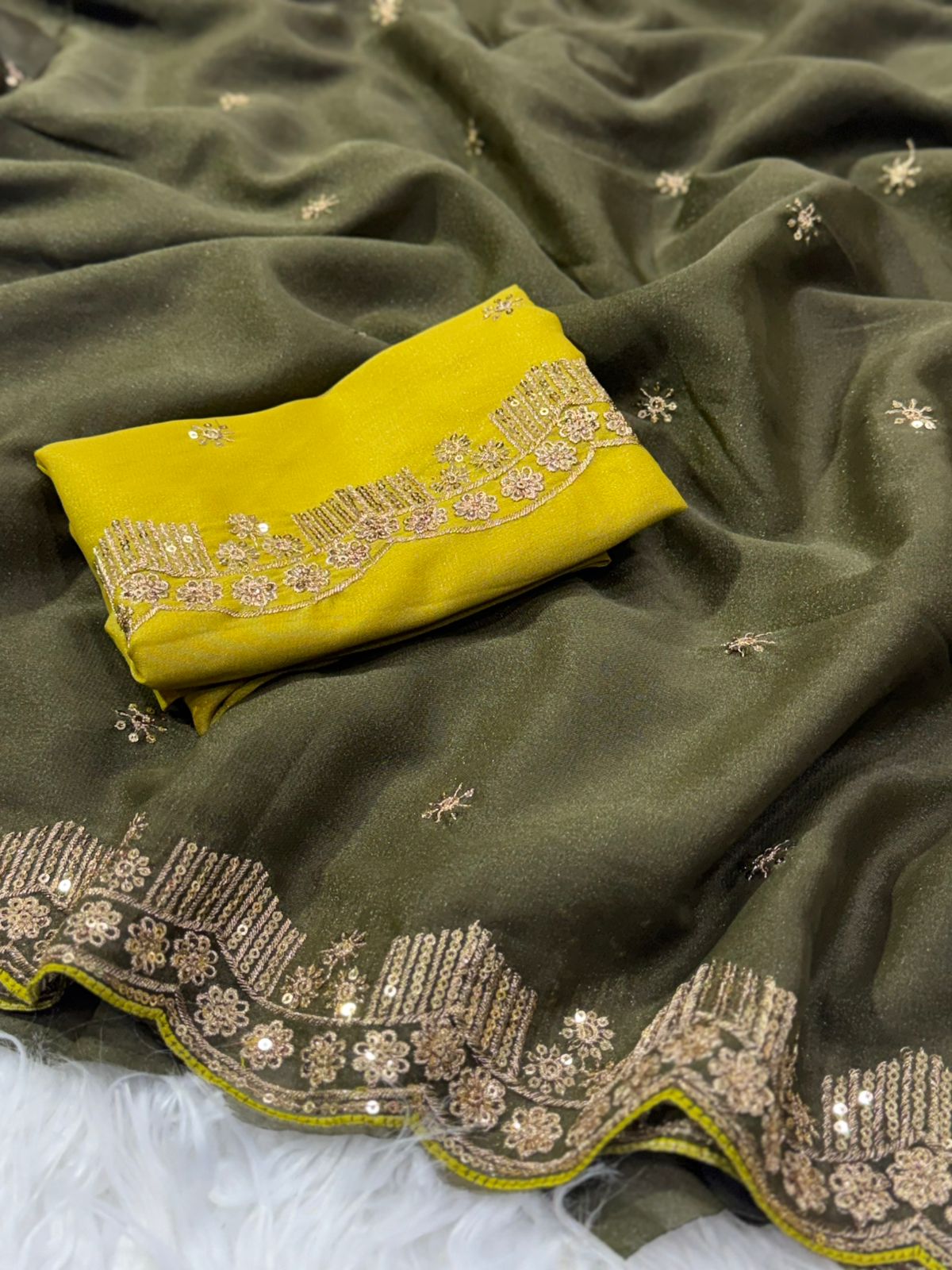Forbearance Party Wear Georgette Embroidery n Sequence Work Butta Design Saree With Contrast Blouse Piece