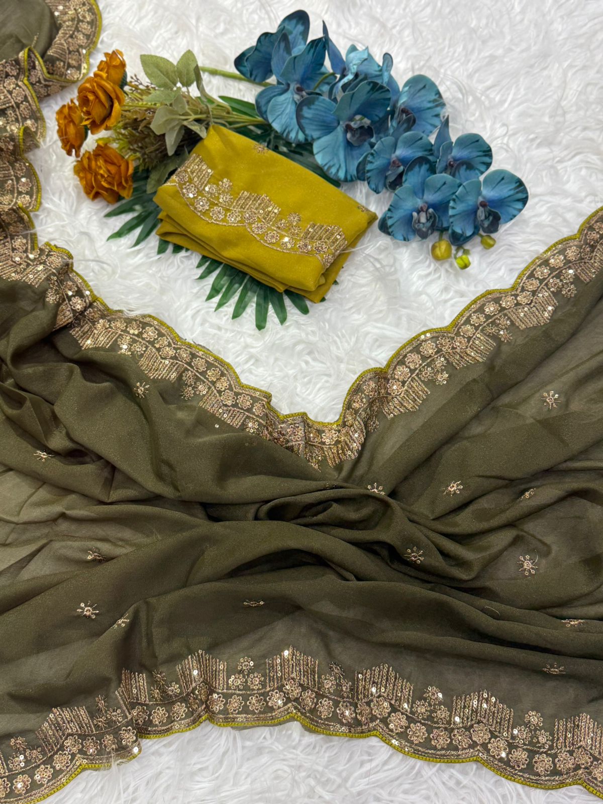 Forbearance Party Wear Georgette Embroidery n Sequence Work Butta Design Saree With Contrast Blouse Piece