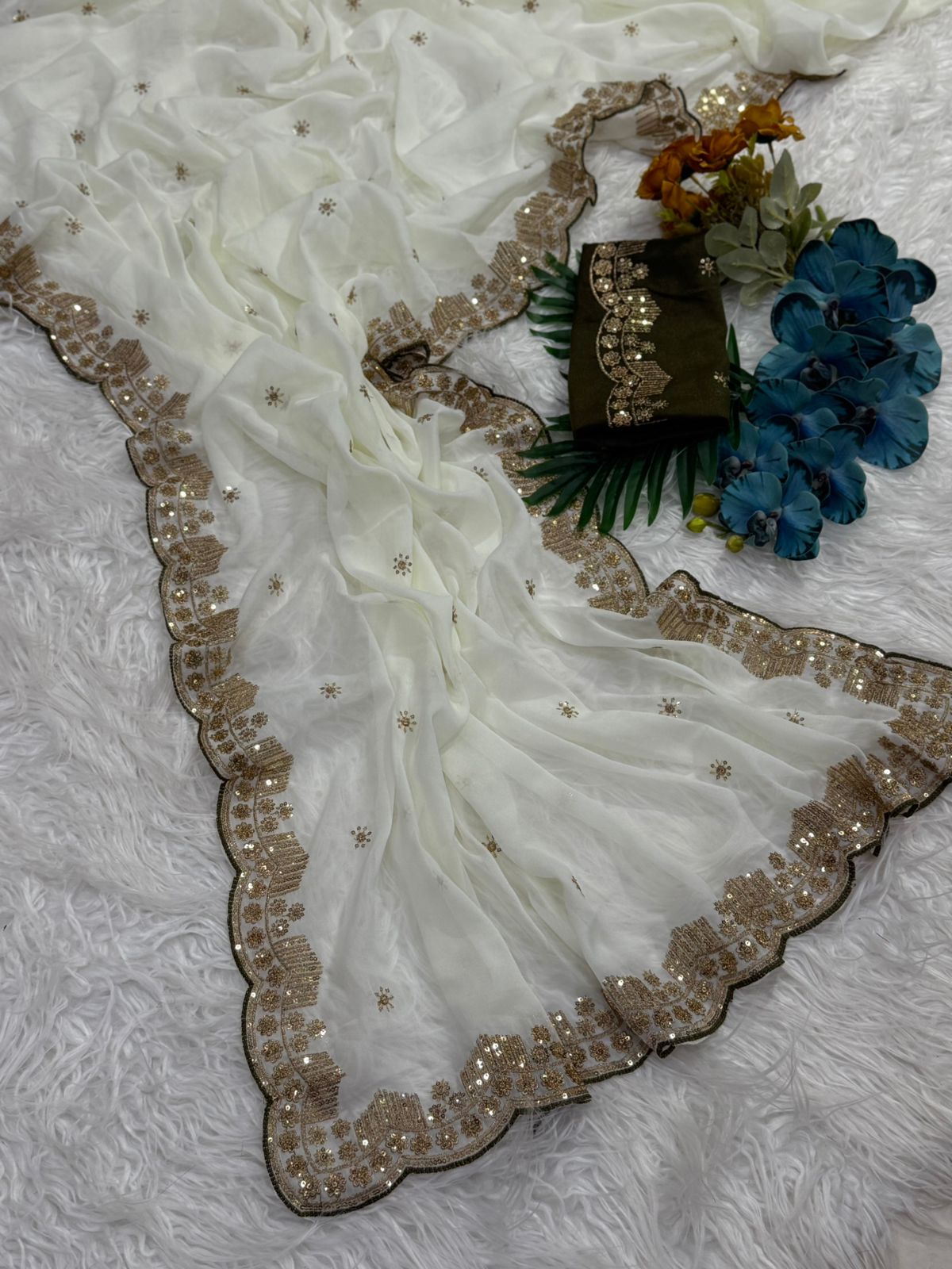Forbearance Party Wear Georgette Embroidery n Sequence Work Butta Design Saree With Contrast Blouse Piece