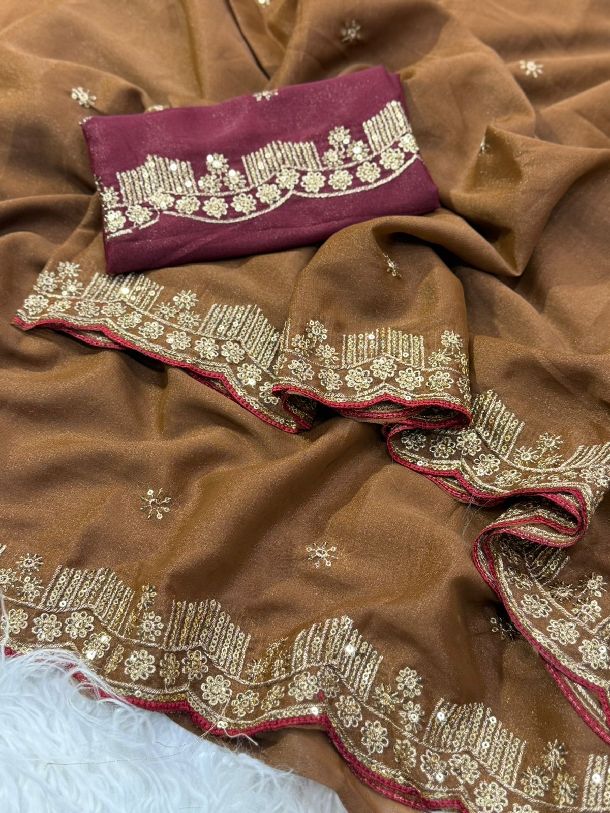 Forbearance Party Wear Georgette Embroidery n Sequence Work Butta Design Saree With Contrast Blouse Piece
