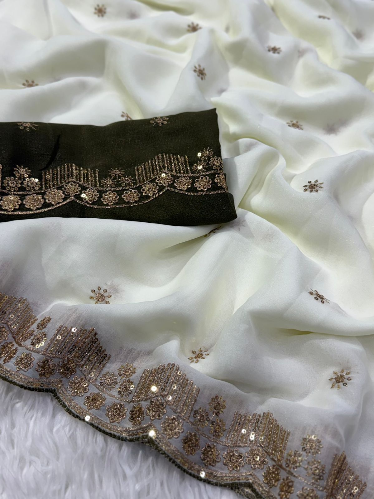 Forbearance Party Wear Georgette Embroidery n Sequence Work Butta Design Saree With Contrast Blouse Piece