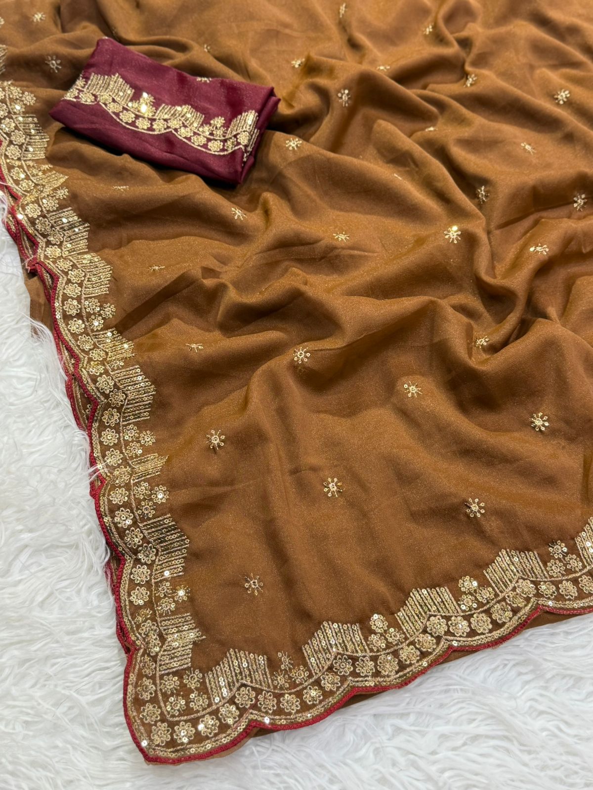 Forbearance Party Wear Georgette Embroidery n Sequence Work Butta Design Saree With Contrast Blouse Piece