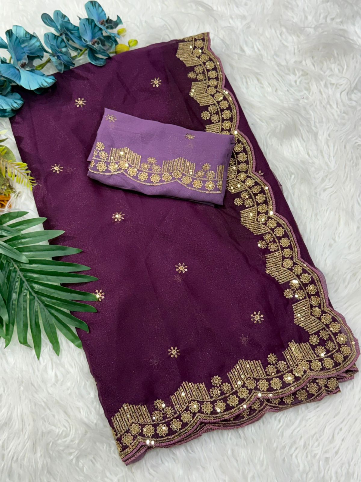 Forbearance Party Wear Georgette Embroidery n Sequence Work Butta Design Saree With Contrast Blouse Piece
