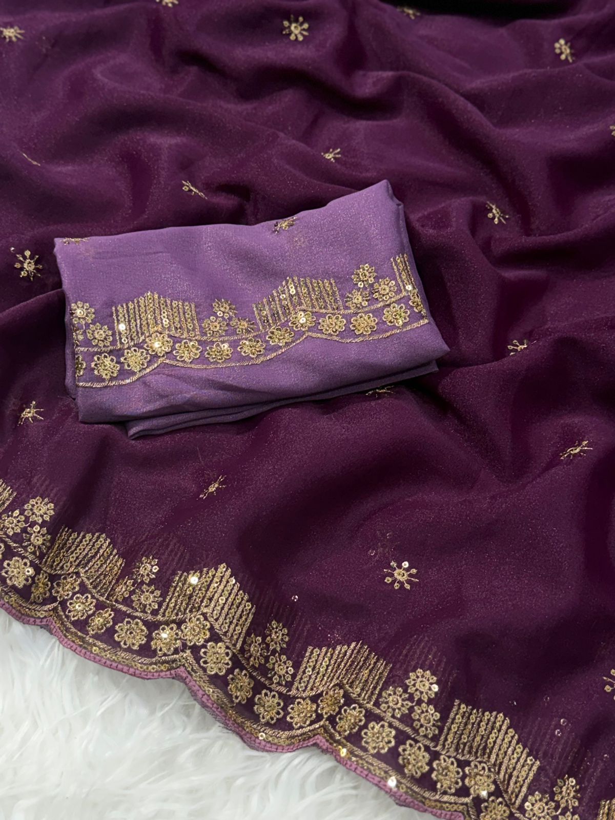 Forbearance Party Wear Georgette Embroidery n Sequence Work Butta Design Saree With Contrast Blouse Piece