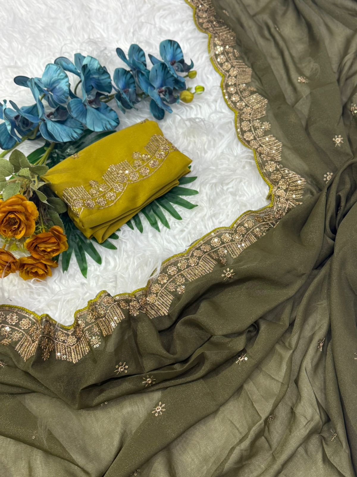 Forbearance Party Wear Georgette Embroidery n Sequence Work Butta Design Saree With Contrast Blouse Piece