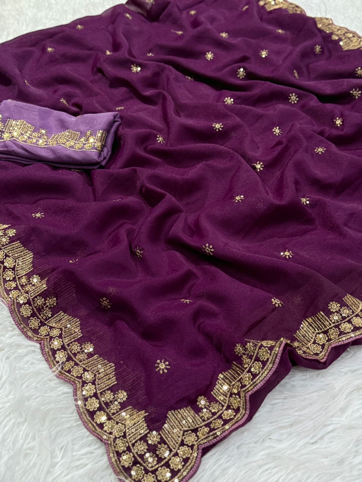 Forbearance Party Wear Georgette Embroidery n Sequence Work Butta Design Saree With Contrast Blouse Piece
