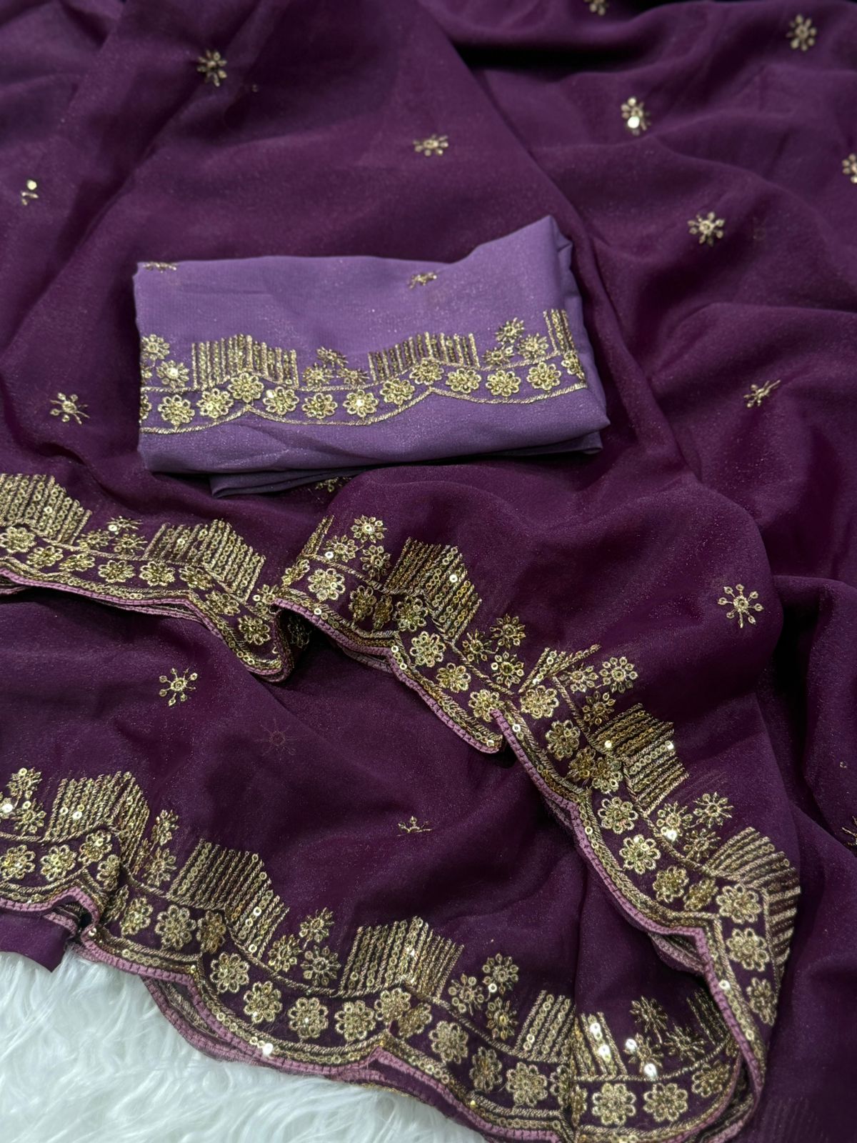 Forbearance Party Wear Georgette Embroidery n Sequence Work Butta Design Saree With Contrast Blouse Piece