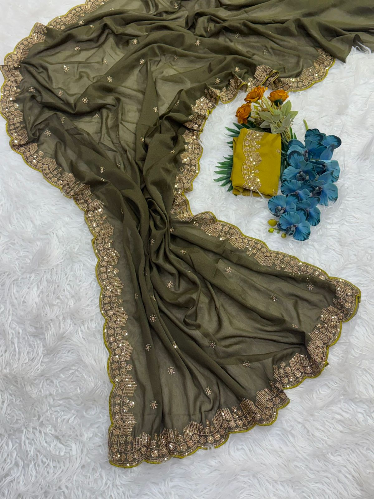 Forbearance Party Wear Georgette Embroidery n Sequence Work Butta Design Saree With Contrast Blouse Piece